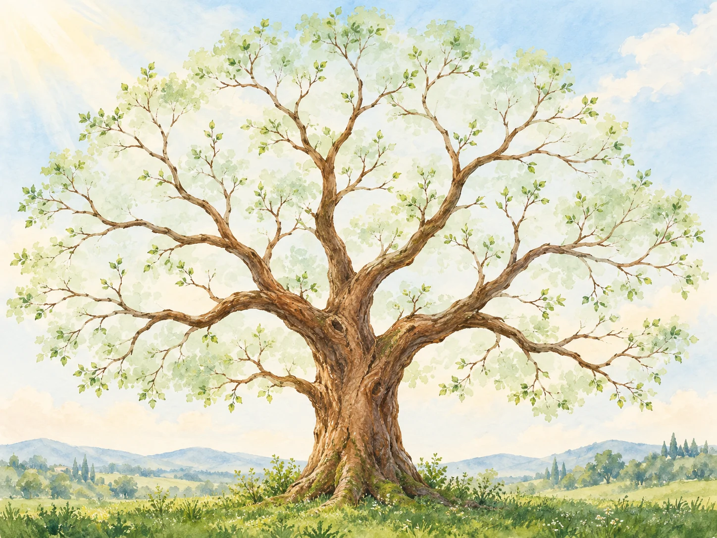 Ilustrație în acuarelă a unui copac cu ramuri deschise, într-un peisaj luminos